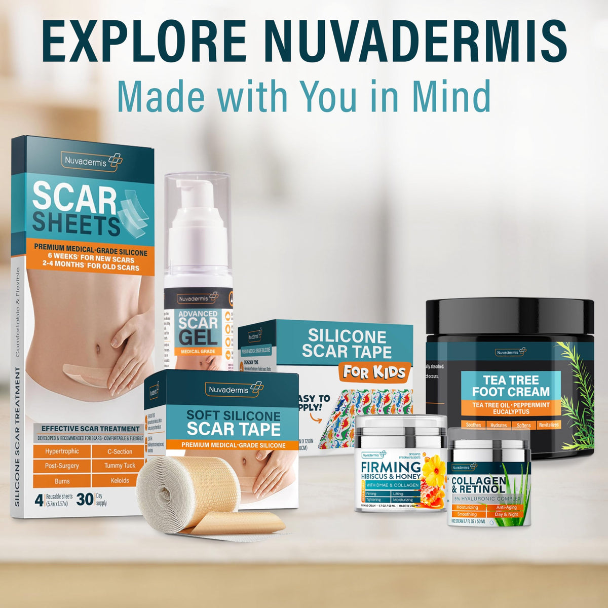 NUVADERMIS packaging demonstrates a compact, six-pack wrinkle patch set.