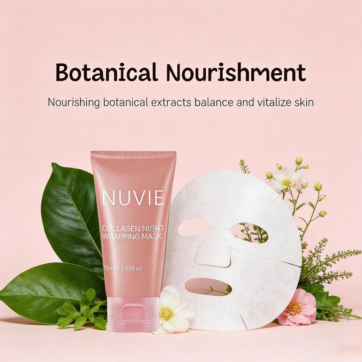 Nuvie collagen mask hydrolyzed-collagen supports improved elasticity and resilience.