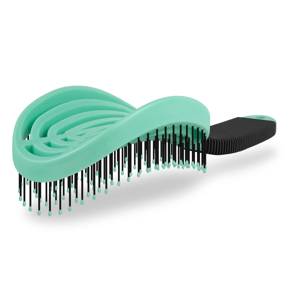 NuWay DoubleC detangling brush mint-green close-up showing gentle detangling
