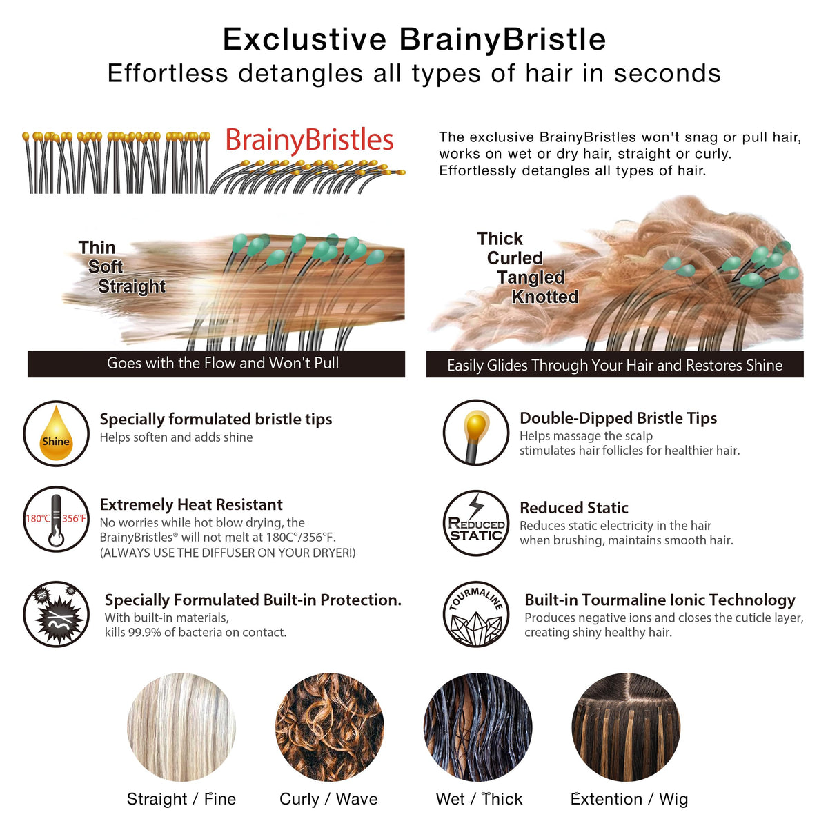 NuWay DoubleC curved brush spine provides gentle scalp contact and massage