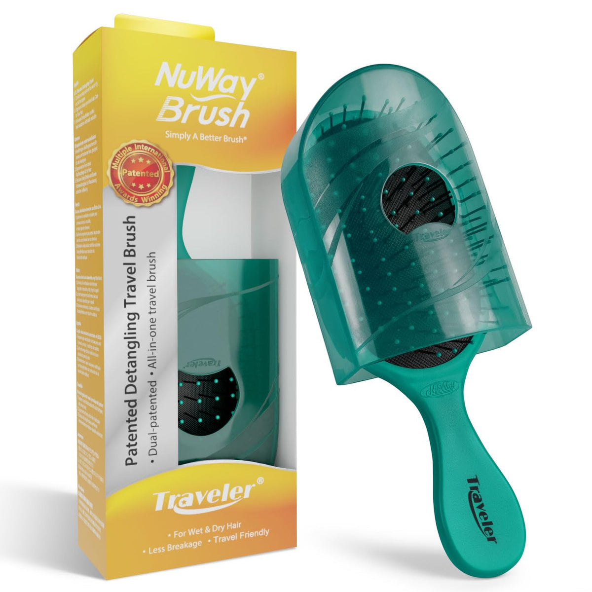 NuWay Traveler compact brush for purse detangles wet or dry hair on the go.