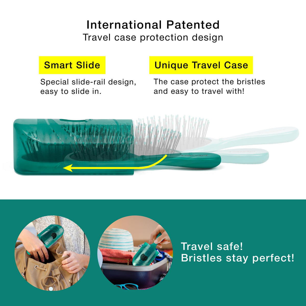 NuWay Traveler detangling handle works on wet or dry hair with gentle ease.