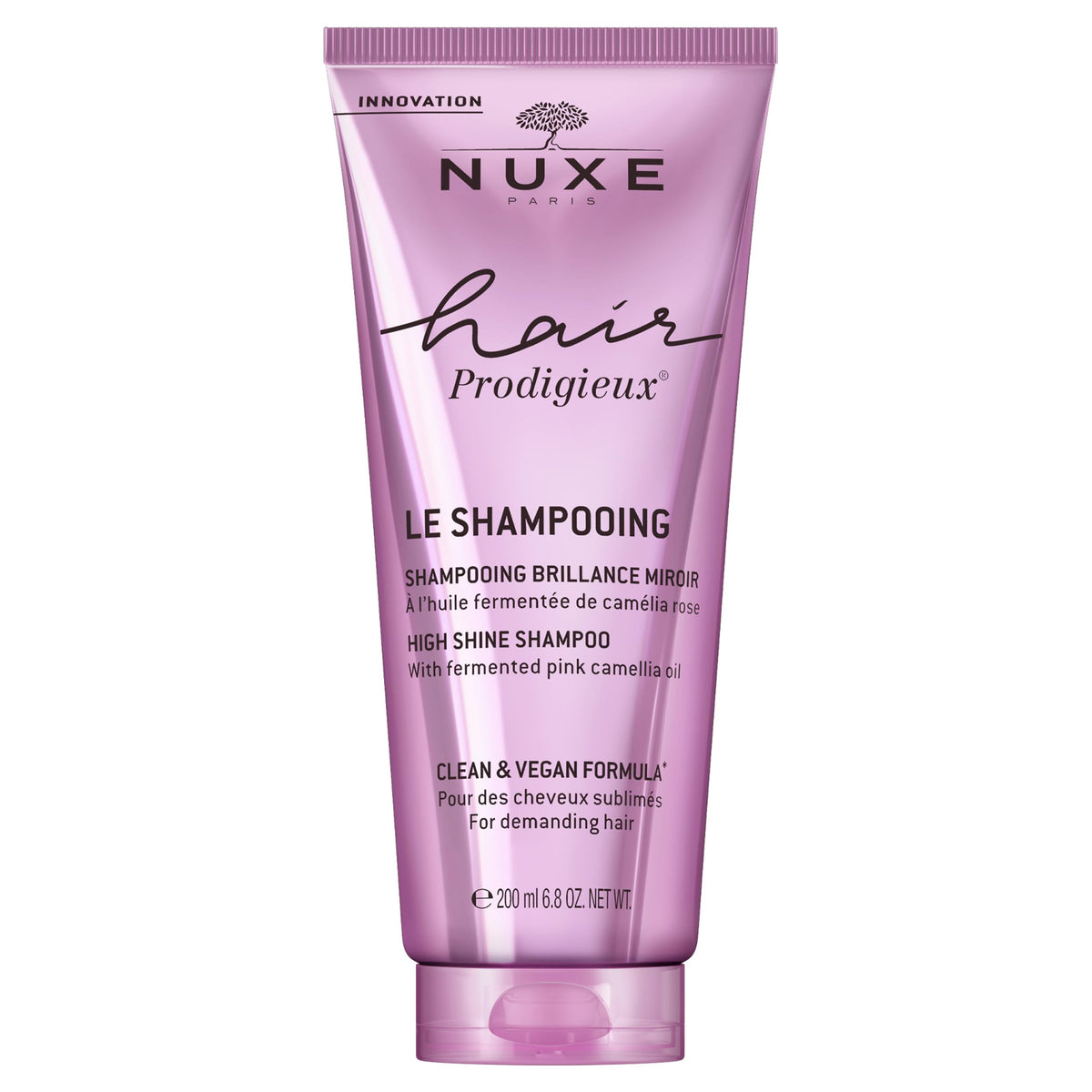 Nuxe Hair Prodigieux High Shine Shampoo bottle close-up highlighting shine boost for daily use