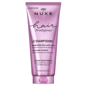 Nuxe Hair Prodigieux High Shine Shampoo bottle close-up highlighting shine boost for daily use