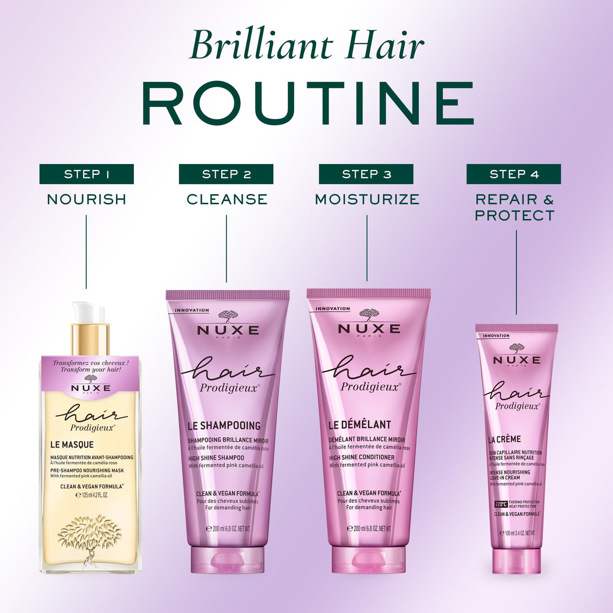 Nuxe Hair Prodigieux packaging close-up emphasizes natural-origin formula