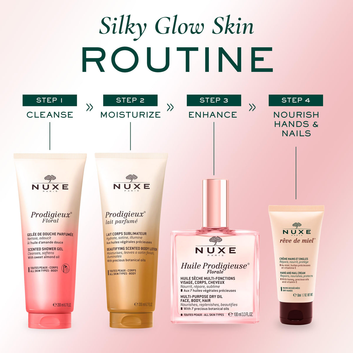 Nuxe Prodigieux Floral Shower Gel on bathroom shelf, suggesting daily ritual.