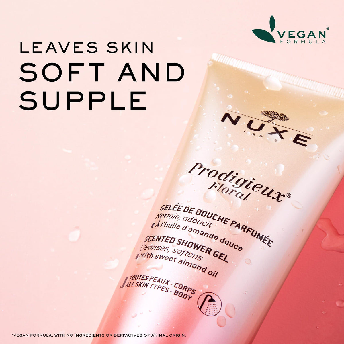 Close-up of Nuxe Prodigieux Floral Shower Gel texture showing a rich, velvety lather.