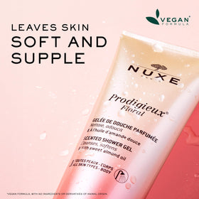 Close-up of Nuxe Prodigieux Floral Shower Gel texture showing a rich, velvety lather.