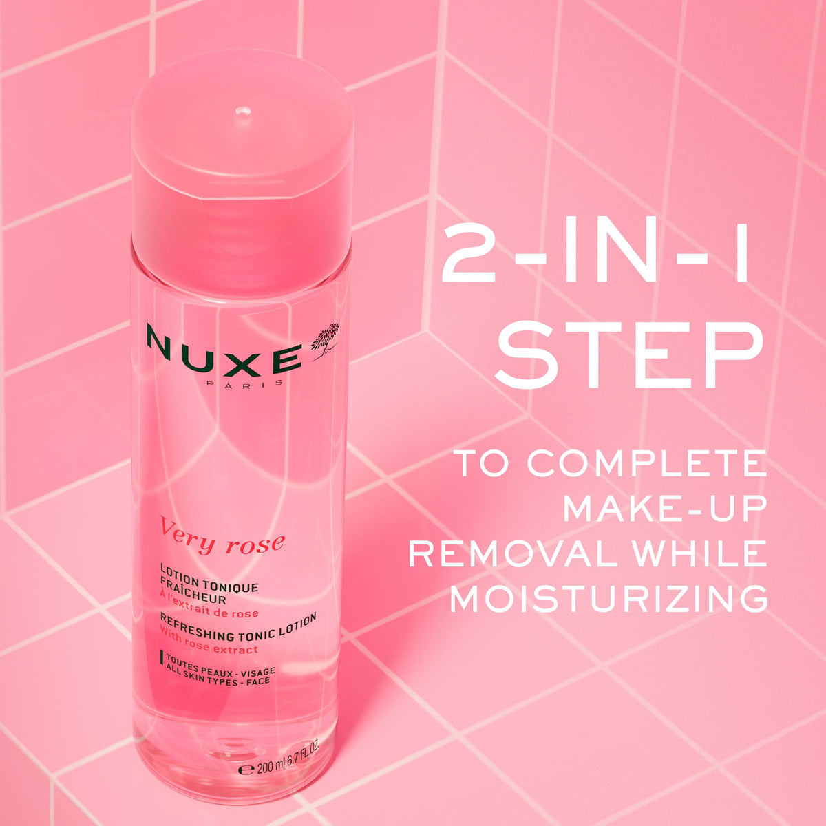 NUXE Very Rose toner with rose water drops highlighting gentle cleansing prep.