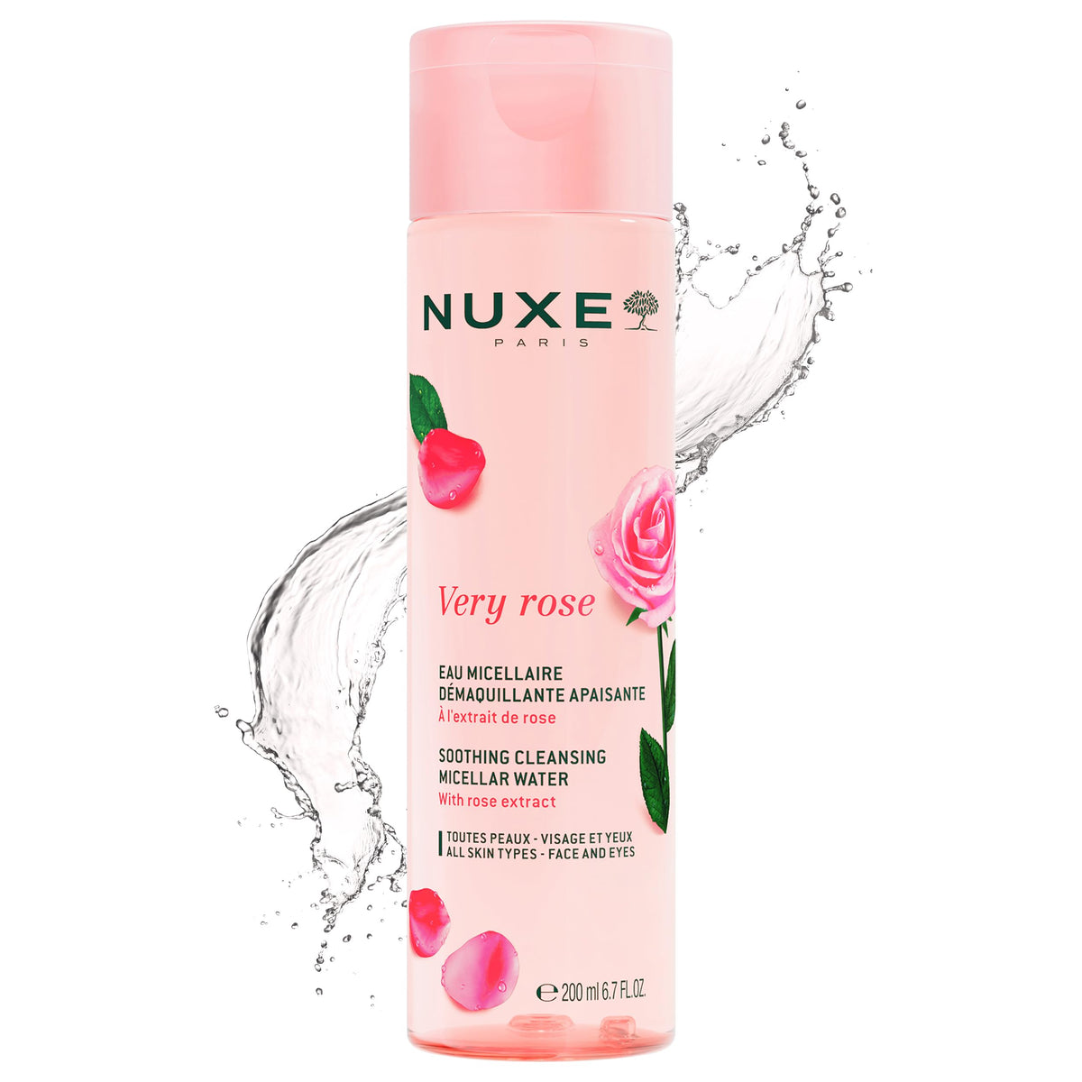 Nuxe Very Rose micellar water bottle for effortless no-rinse makeup removal.