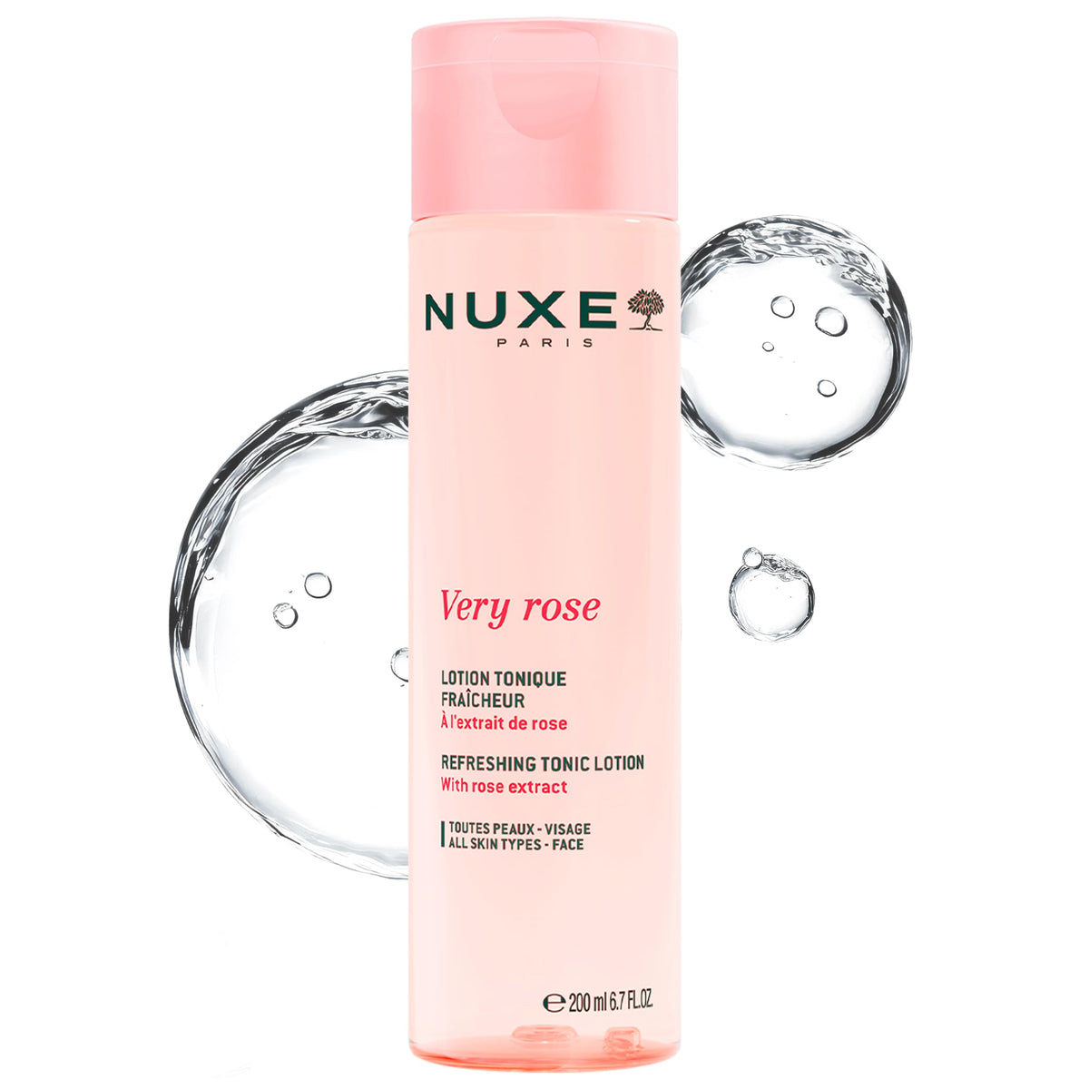 NUXE Very Rose toner bottle close-up for a refreshing facial prep.