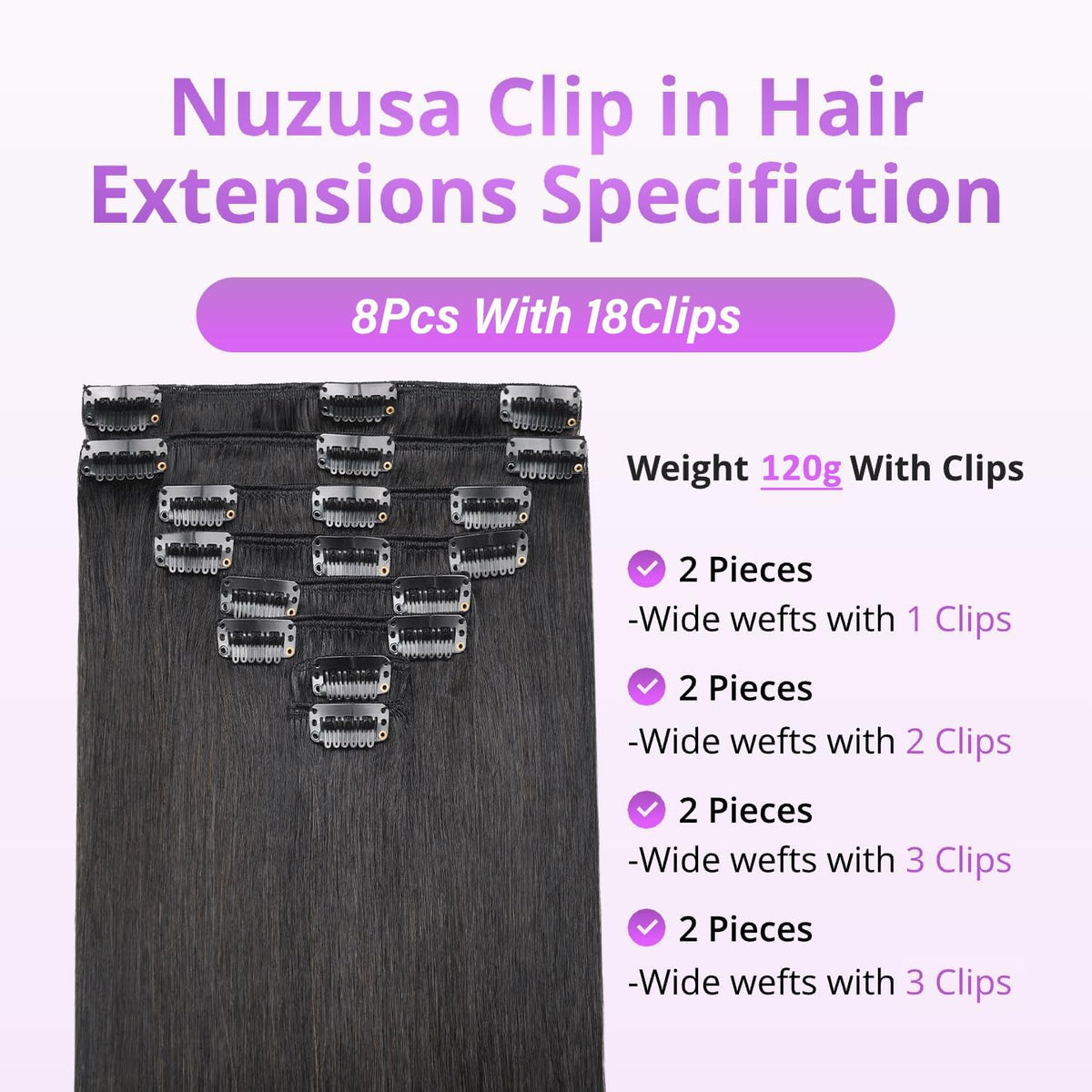 Nuzusa clip-in extensions with double-weft design for fuller volume