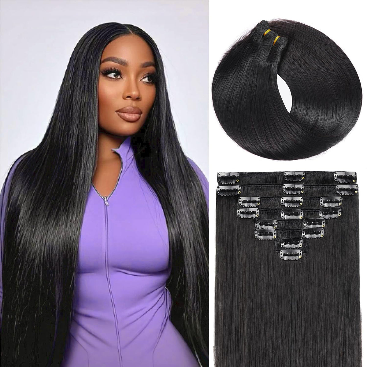 Nuzusa clip-in hair extensions in straight 26-inch style add length and natural-looking volume