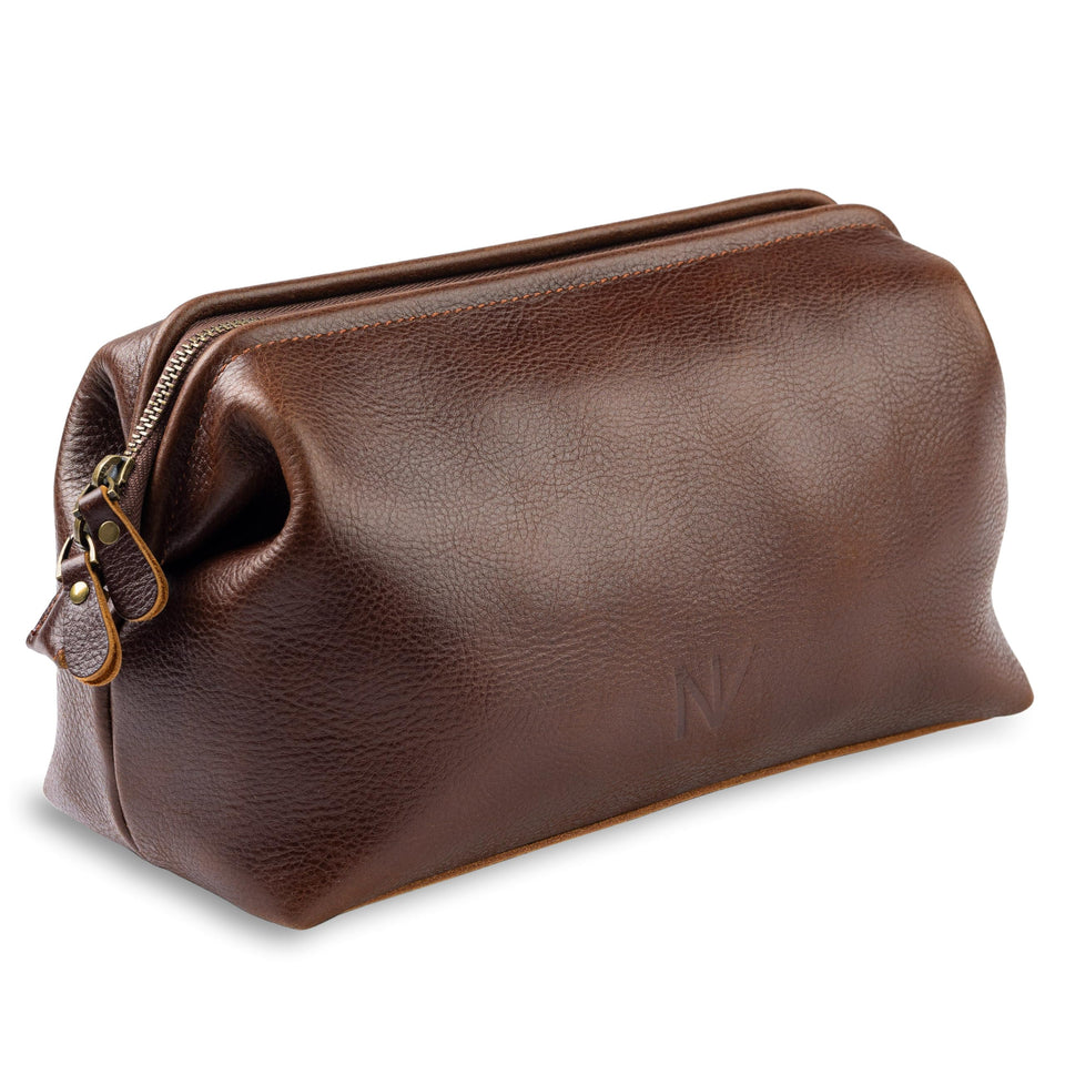 NV Holders premium leather toiletry bag in brown exterior, compact travel companion for organized grooming