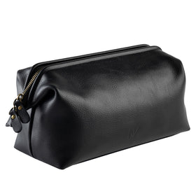 NV Holders leather toiletry bag main compartment organized for travel convenience.
