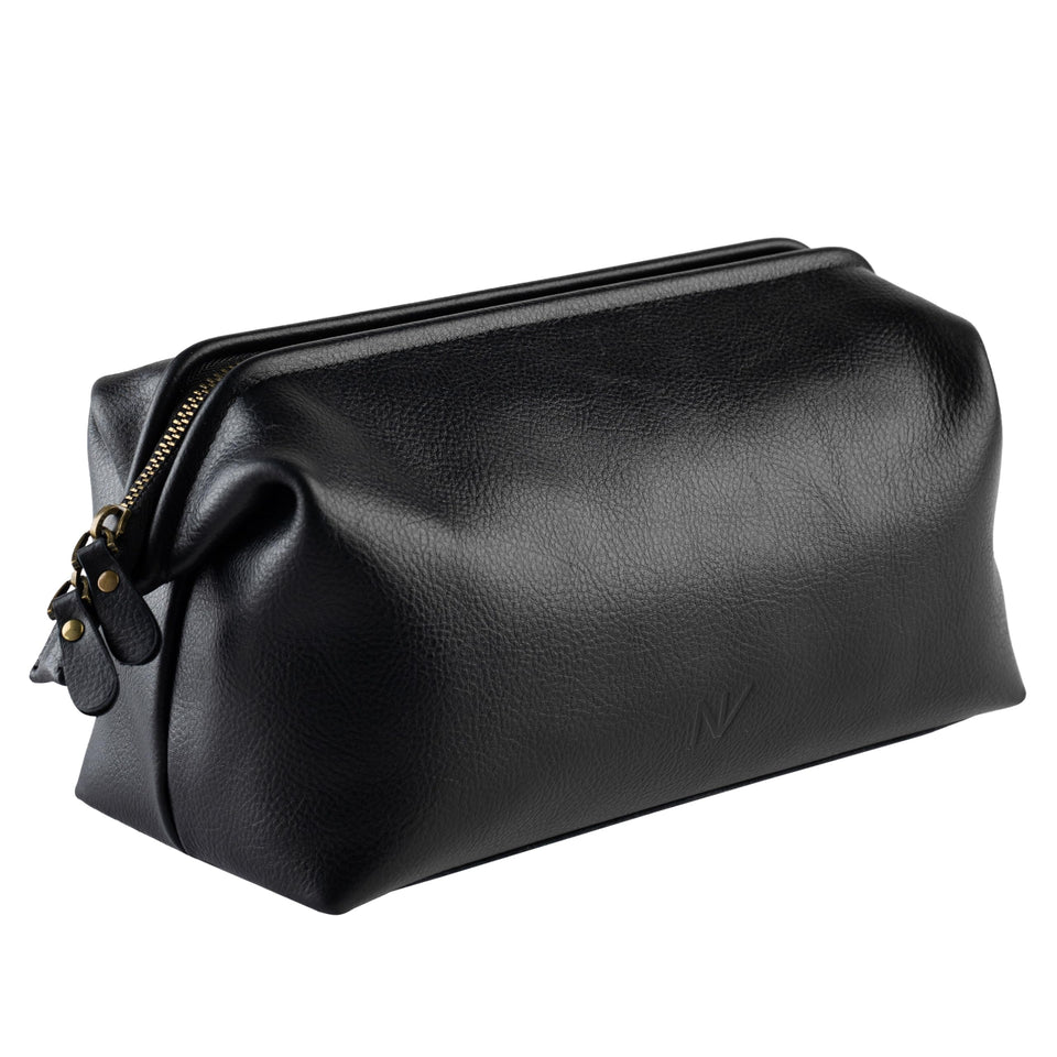 NV Holders leather toiletry bag main compartment organized for travel convenience.