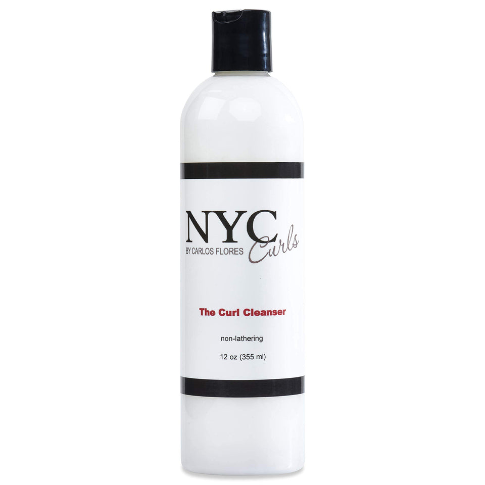 NYC Curls The Curl Cleanser bottle being poured for a gentle, lather-free cleanse
