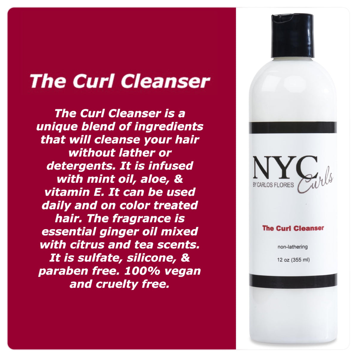 NYC Curls The Curl Cleanser label close-up, vegan and color-safe for daily curls