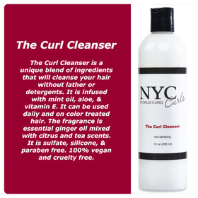 NYC Curls The Curl Cleanser label close-up, vegan and color-safe for daily curls