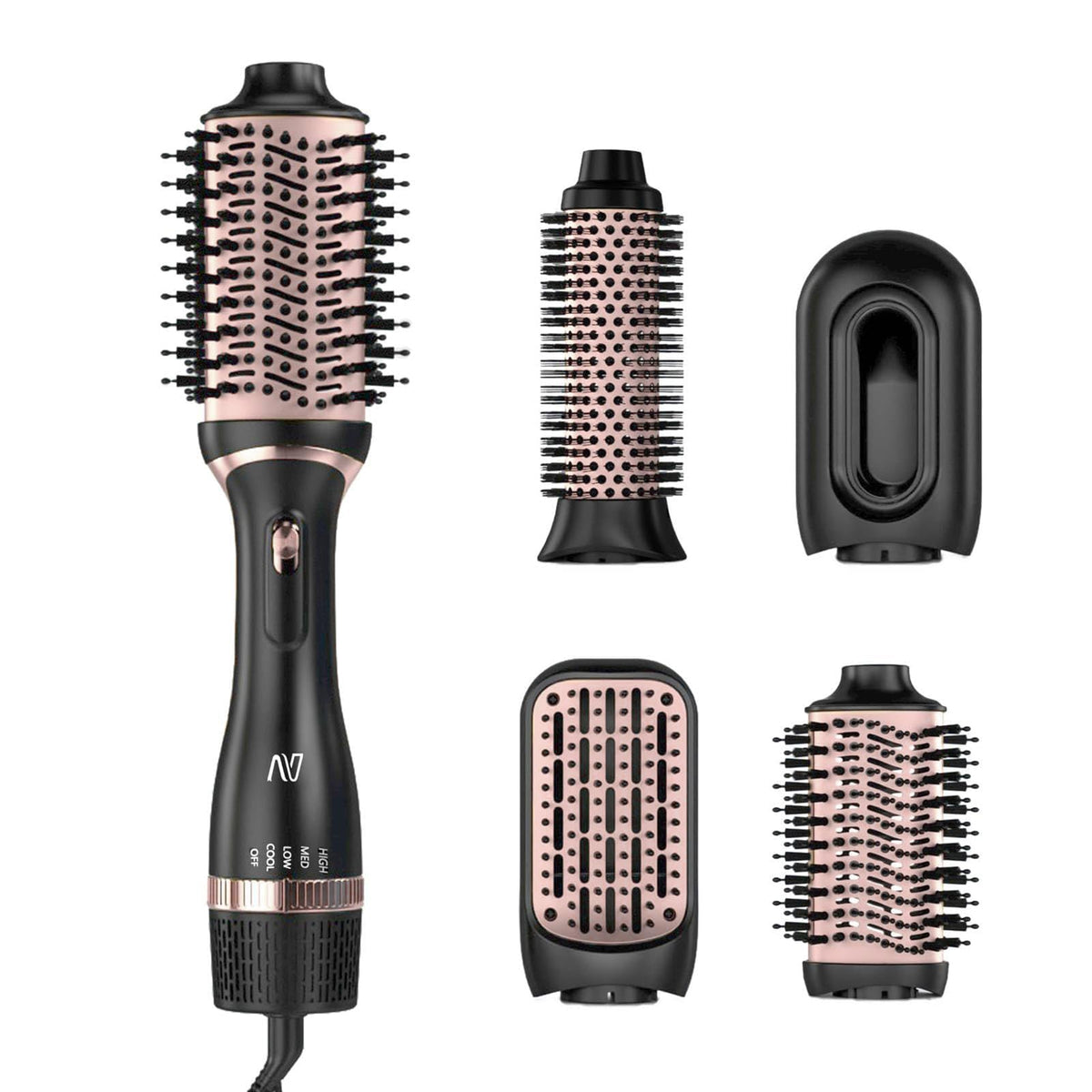 Nycoba hair dryer brush in rose-gold finish for sleek, shiny styling.