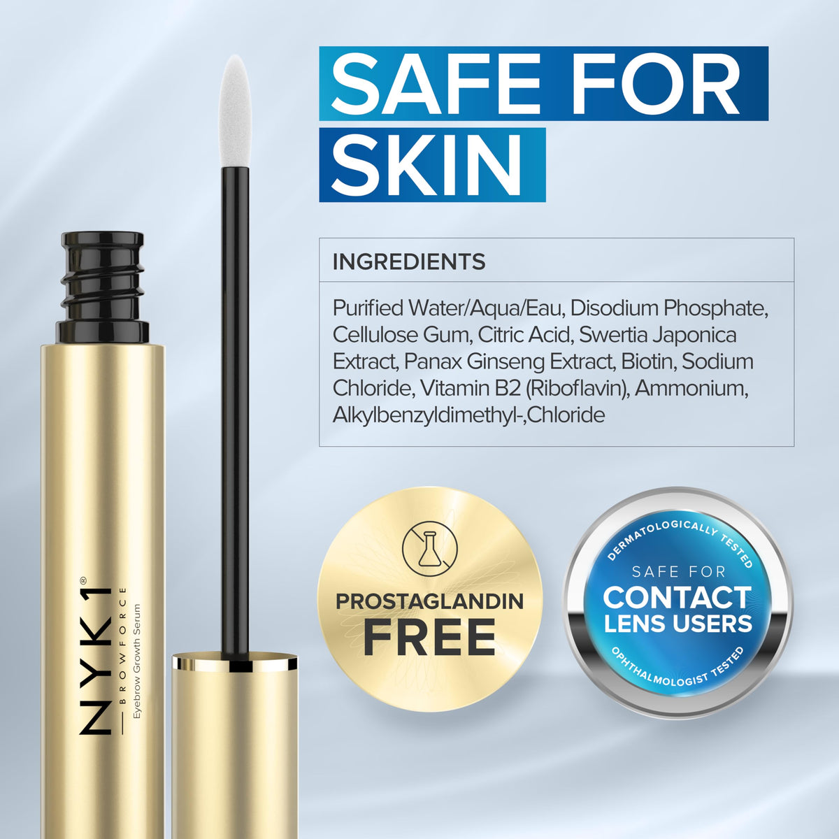 NYK1 BrowForce tube shown alongside simple daily routine on a vanity.