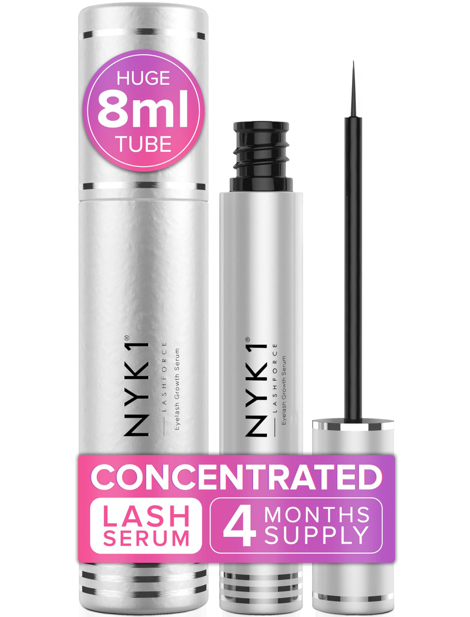 NYK1 LashForce bottle close-up highlights premium lash care essentials.