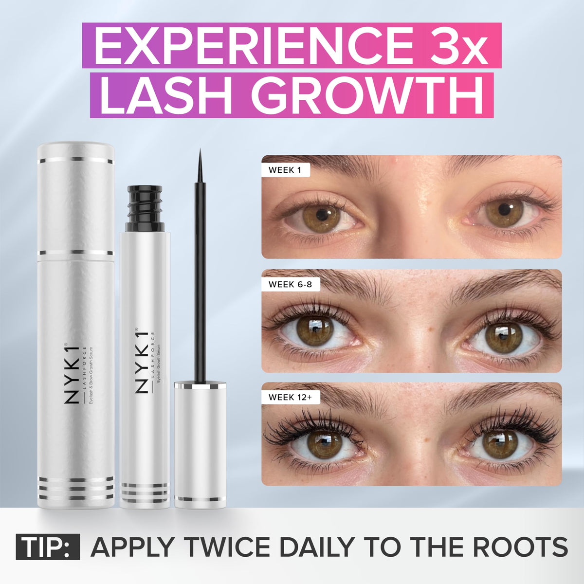NYK1 LashForce packaging presents premium lash care in a sleek bottle.