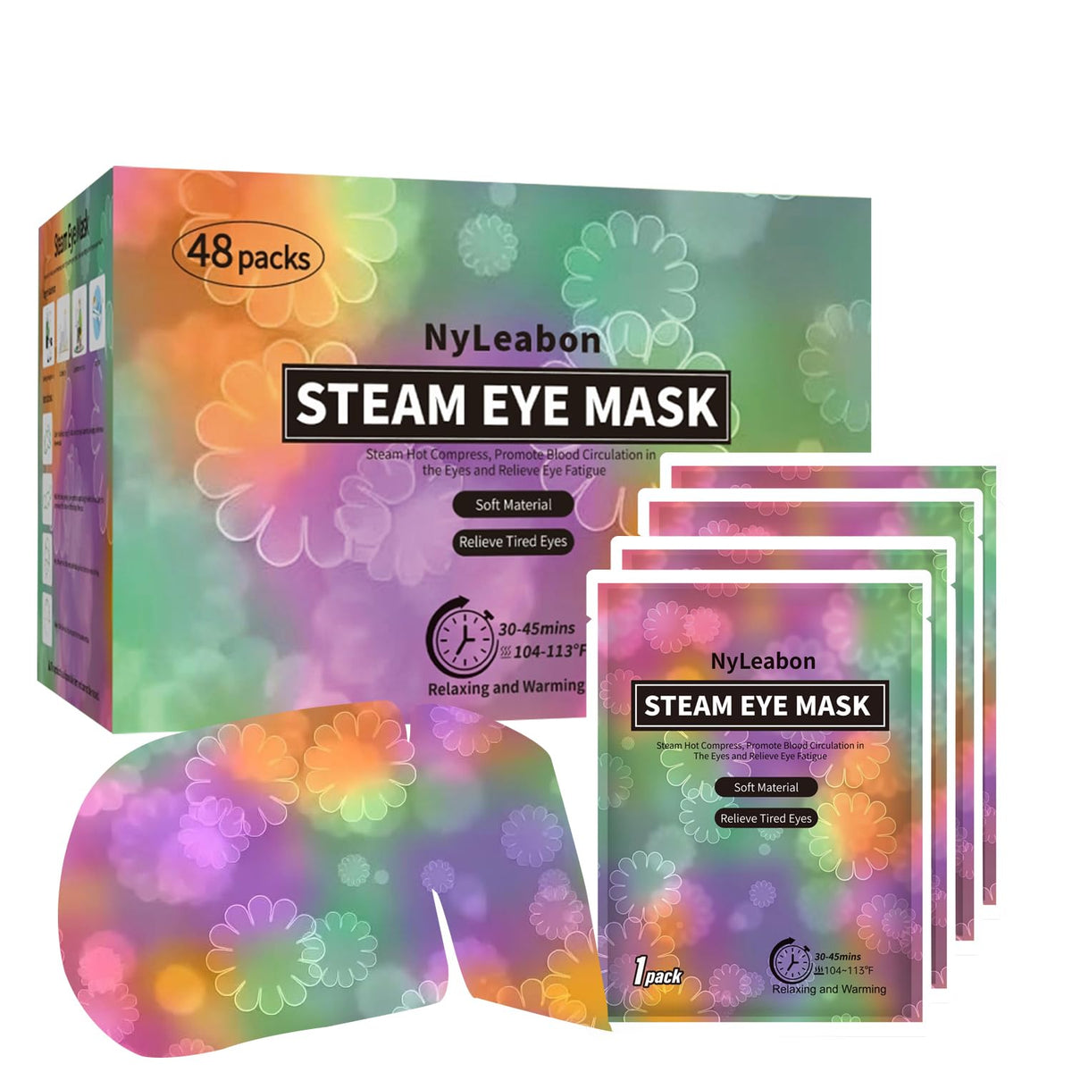NyLeabon steam eye mask 48-pack box shown for travel and daily relaxation.