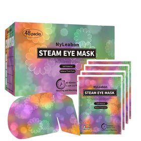 NyLeabon steam eye mask 48-pack box shown for travel and daily relaxation.