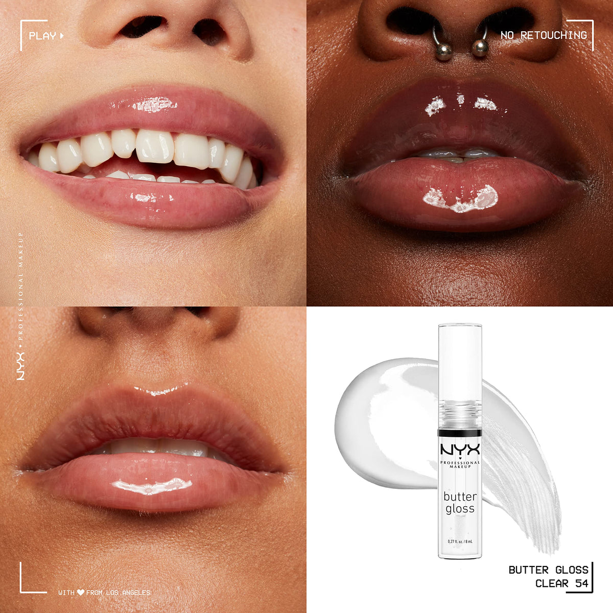 Nyx Butter Gloss Clear swatch on lips for smooth, kissable finish.