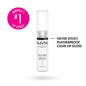 Nyx Butter Gloss Sugar Glass application close-up showing creamy, non-sticky shine.