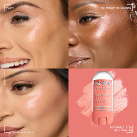 NYX Buttermelt Glaze Stix Peach application for a non-greasy, smooth highlight