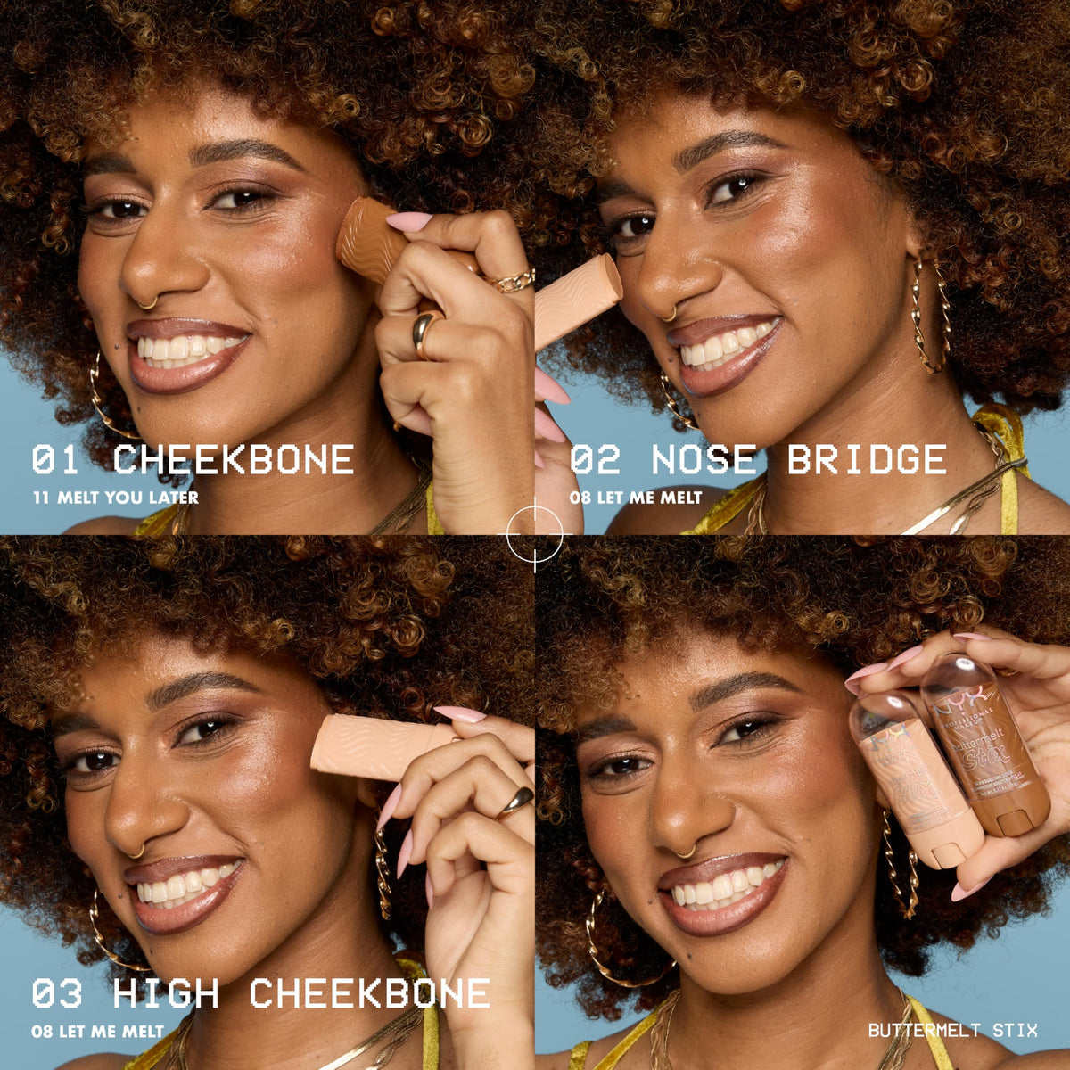 NYX Buttermelt Glaze Stix Peach on face for a luminous look