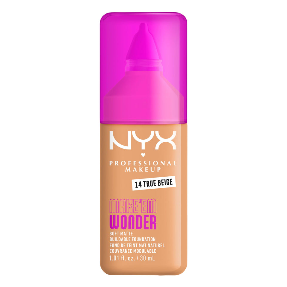 NYX Make 'Em Wonder foundation bottle with sleek packaging and soft matte finish.