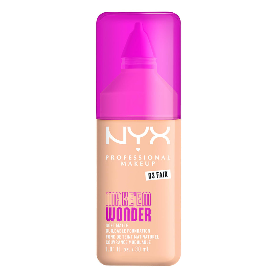 NYX Make Em Wonder foundation bottle close-up with soft matte finish