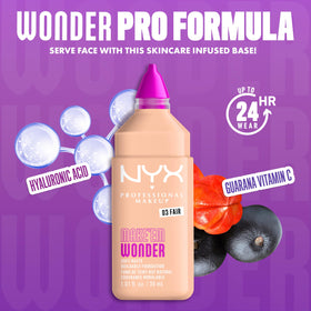 NYX Make Em Wonder bottle with pump highlighting skincare-infused formula