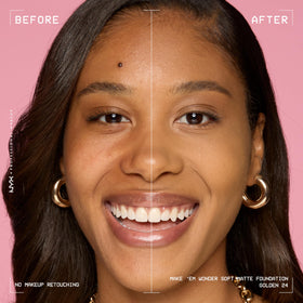 NYX Make 'Em Wonder skin-swatch demonstrates even-toned application on skin.