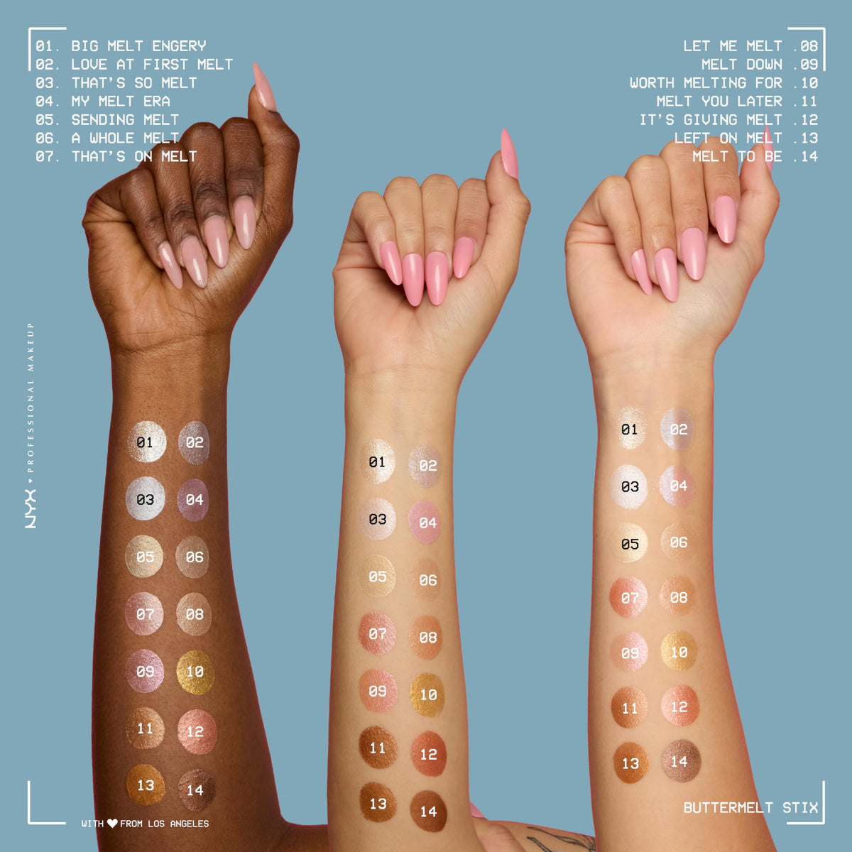 Nyx Buttermelt Glaze Stix bronze-petal shade on forehead