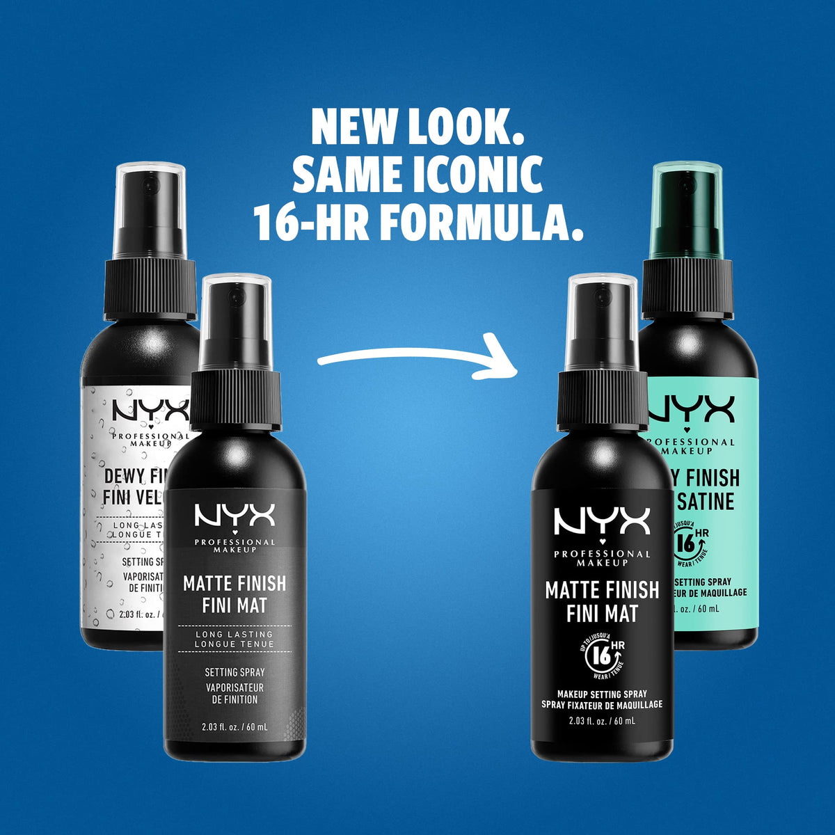 NYX Professional Makeup setting spray bottle with dewy finish adds a soft glow.