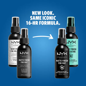NYX Professional Makeup setting spray bottle with dewy finish adds a soft glow.