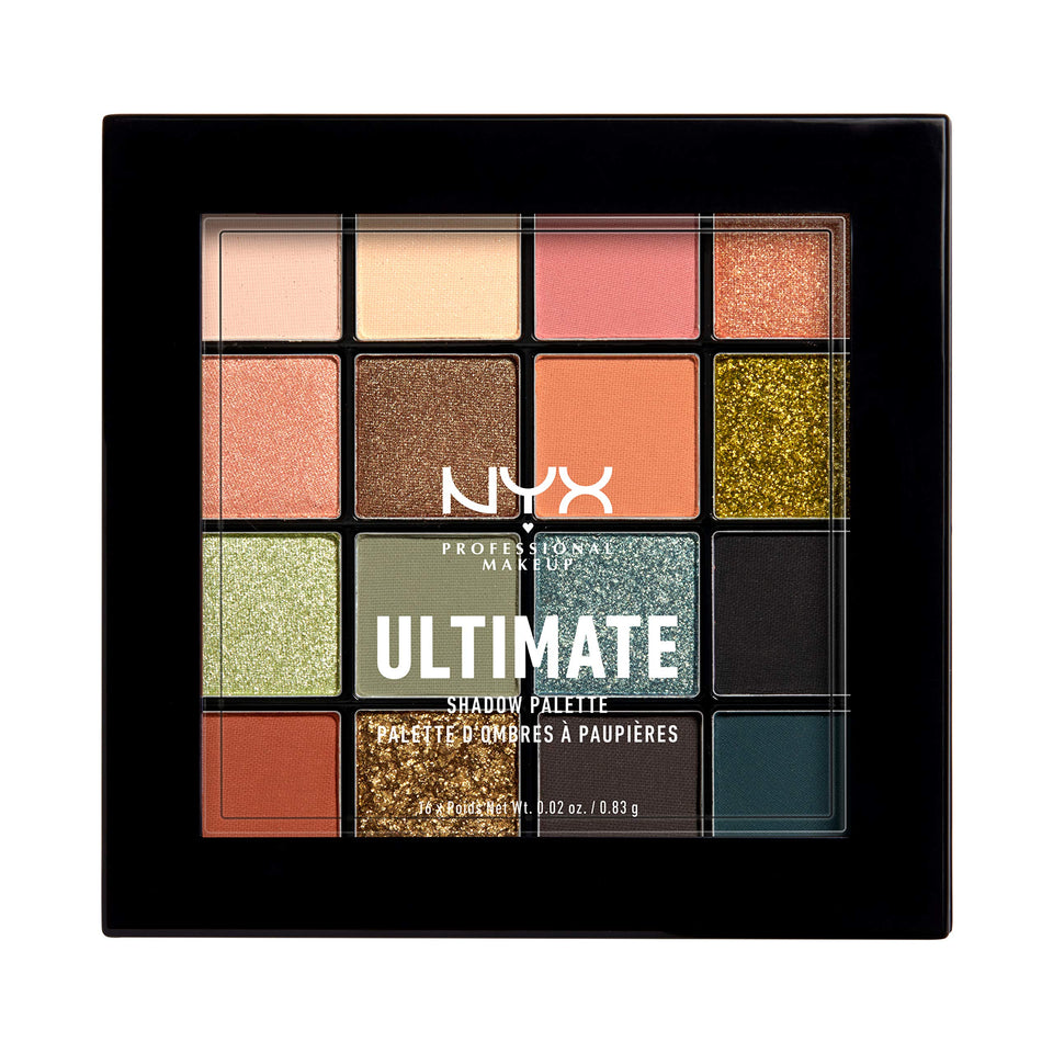NYX Professional Makeup Utopia palette open showing 16 shades for bold day-to-night color
