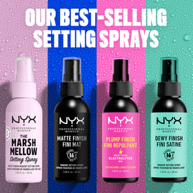 NYX setting spray closeup shows quick-dry, non-sticky mist.