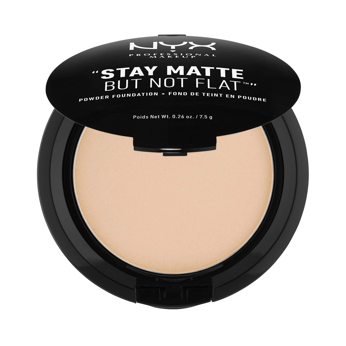 NYX Stay Matte But Not Flat natural powder foundation compact shows a matte finish for radiant days.