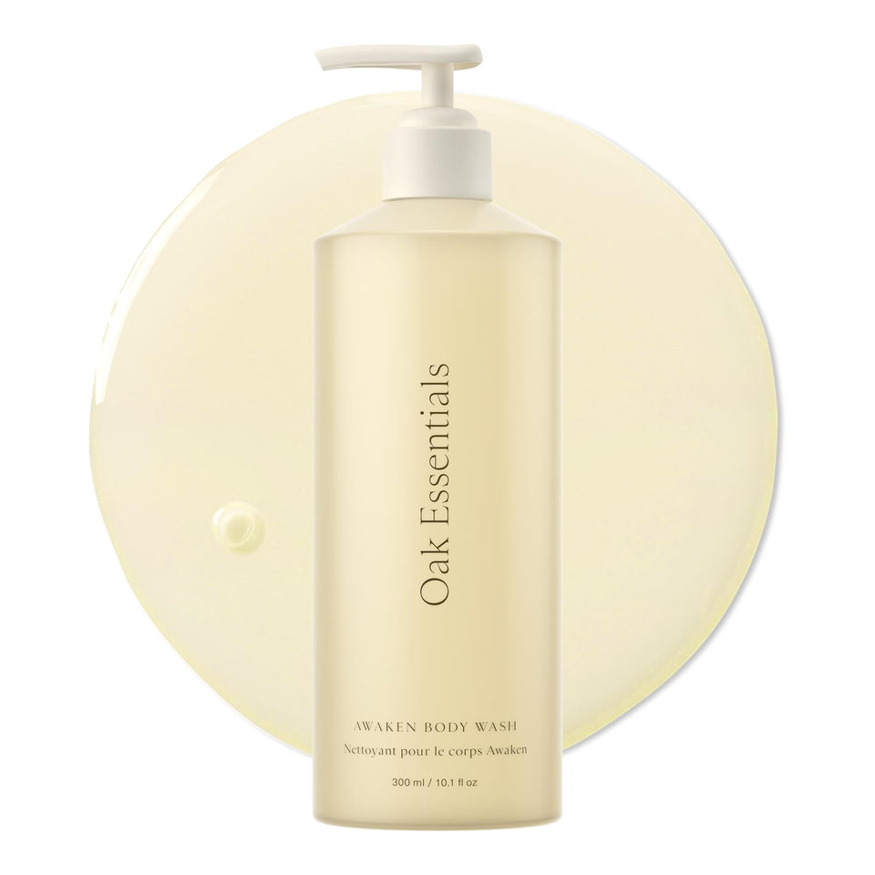 Oak Essentials Awaken Body Wash bottle shown for hydrated, refreshed skin.