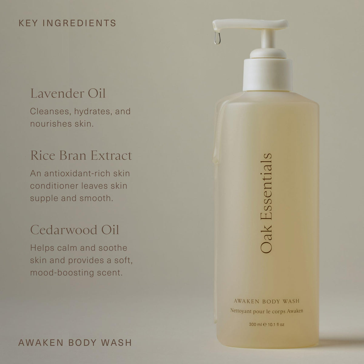Cedarwood oil element of Oak Essentials Awaken Body Wash with woodsy notes.