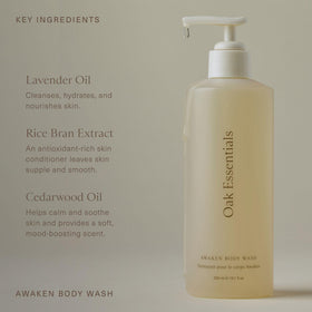 Cedarwood oil element of Oak Essentials Awaken Body Wash with woodsy notes.