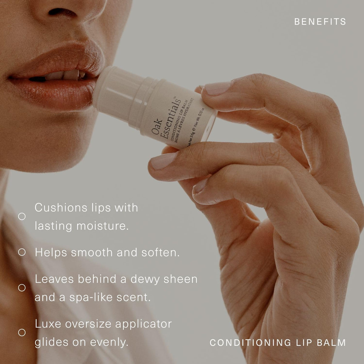 Oak Essentials Conditioning Lip Balm being applied to lips for hydration