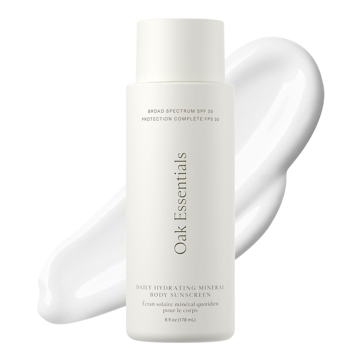 Oak Essentials Daily Hydrating Mineral Sunscreen bottle shows a non-greasy, fast-absorbing finish.