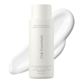 Oak Essentials Daily Hydrating Mineral Sunscreen bottle shows a non-greasy, fast-absorbing finish.