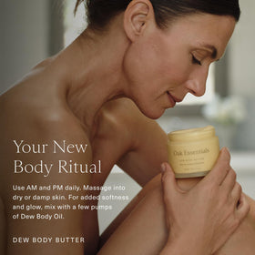 Oak Essentials Dew Body Butter even skin tone concept on packaging visuals.
